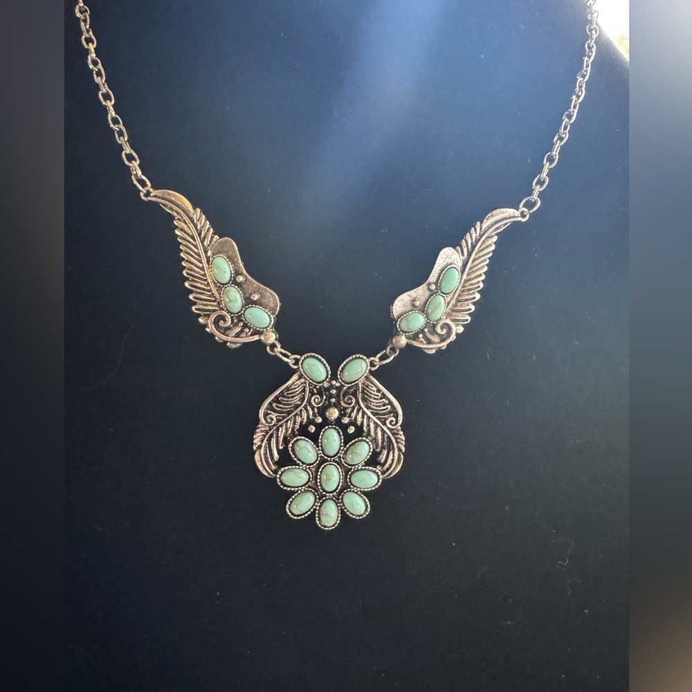 Silver Tone Faux Turquoise Necklace Wing Western Boho Vintage Style